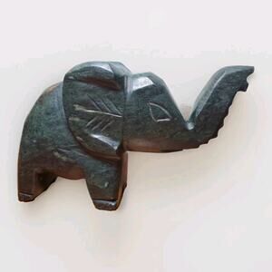 Vintage Hand Carved Marble Elephant Figurine - Dark Green - Trunk Up Good Luck